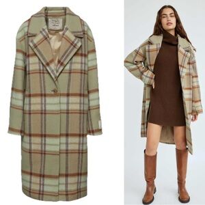 Aritzia Wilfred The Only Coat in sage green brown plaid cashmere wool Sz 8